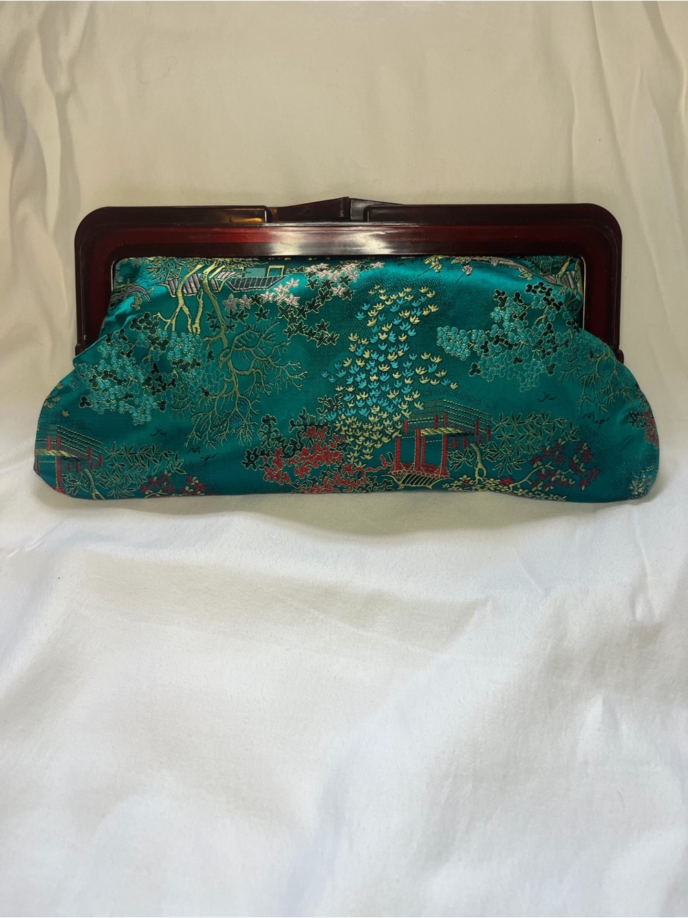 Teal Satin Embroidered Clutch Handbag